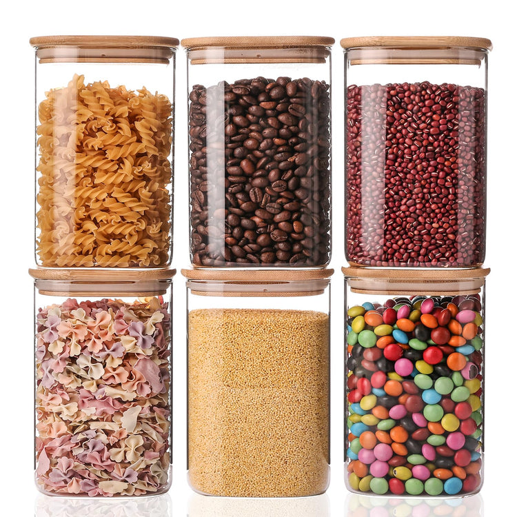 Glass Storage Jars 6 Pack 37oz Clear Glass Food Storage Containers with Airtight Bamboo Lid Stackable Kitchen Canisters for Candy (6 Ounce)