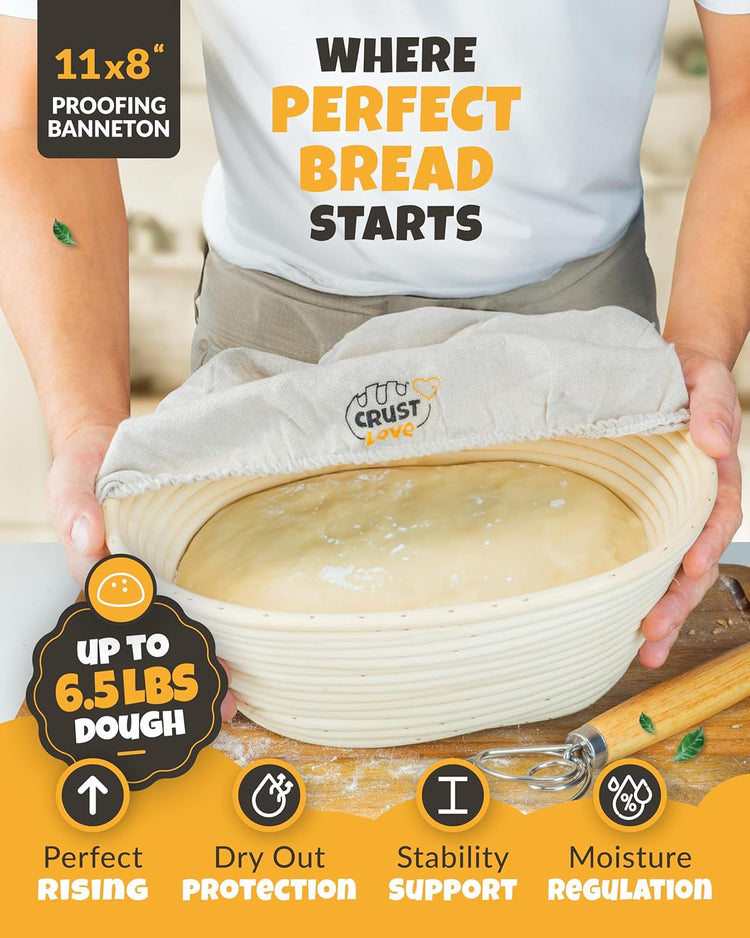 Dutch Oven for Bread Baking - incl. Sourdough Baking Supplies like Banneton Proofing Basket - 6.75QT Enameled Oval Cast Iron Bread Oven with Lid & Scoring Tool Lame