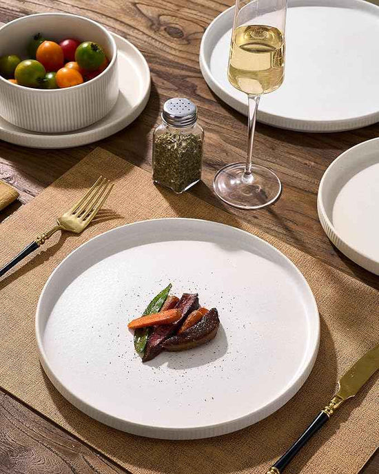 Stoneware Plates and Bowls Dishes Sets for 6 (18-Piece), Famiware Premium Handcrafted Reactive Glaze Dinnerware Set with Raised Rim, Scratch Resistant, Microwave Dishwasher Safe, Matte Reactive White