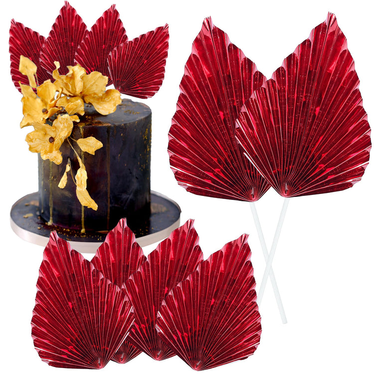 6Pcs Paper Palm Fan Cake Toppers Palm Spear Leaves Fan Cupcake Toppers Cake Insert Decorations Craft DIY Cake Bakeware Decoration for Birthday Party Wedding Party Decor Supplies Light Red (6 Count)