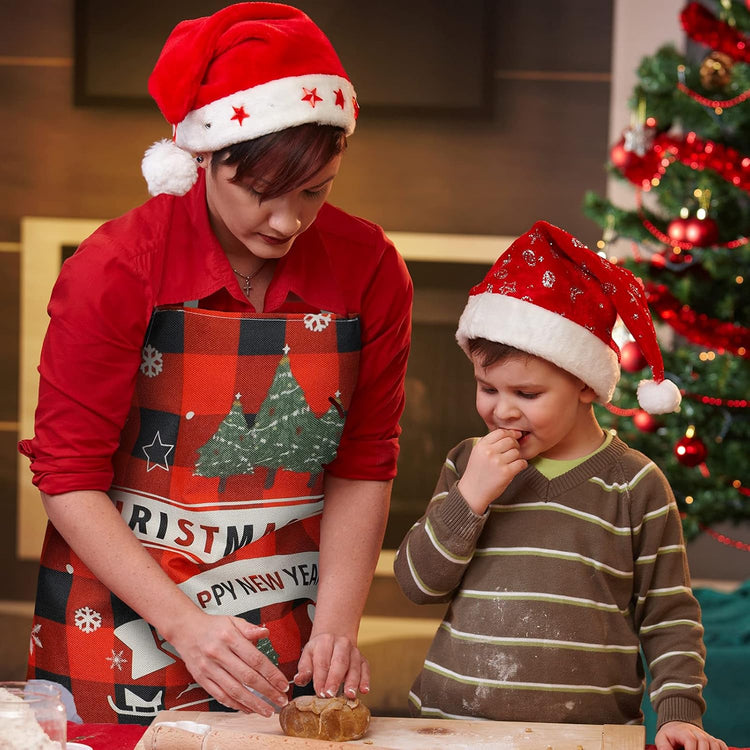 SATINIOR 4 Pcs Christmas Aprons Adjustable Kitchen Cooking Aprons Xmas Buffalo Plaid Merry Christmas BBQ Bib for Adults