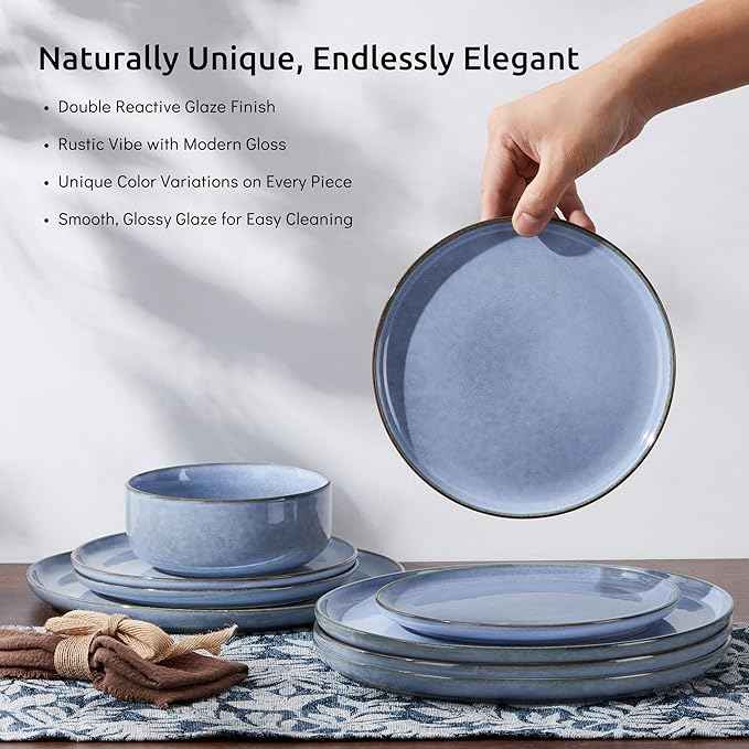 E-far 6-Piece Reactive Glaze Dinnerware Sets, Ceramic Dishes Set for 2, Stoneware Plates and Bowls Dinning Ware, Microwave & Dishwasher Safe - Ocean Blue