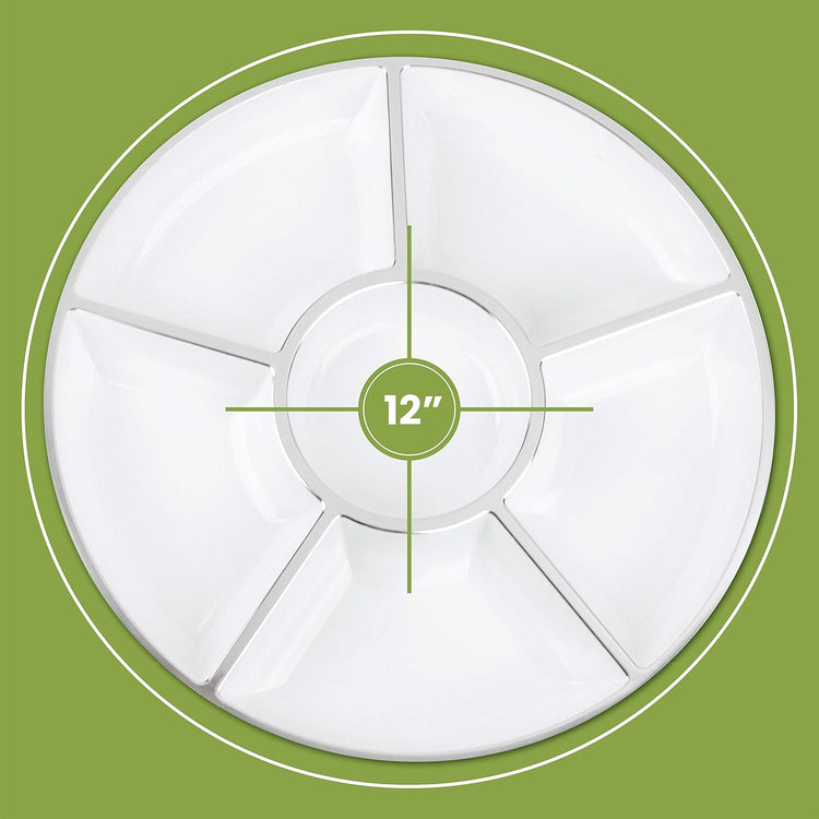 Plasticpro 6 Sectional Round Plastic Serving Tray/Platters White & Silver Pack of 2
