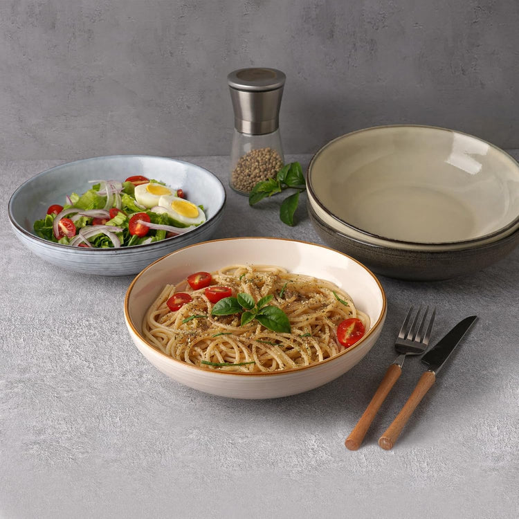 famiware Tempus Pasta Bowls Set of 4, 40 oz Bowls for Kitchen, Stoneware Deep Serving Bowls, Dishwasher & Microwave Safe Bowls for Cereal, Salad, Soup, Dessert etc - Dark Olive
