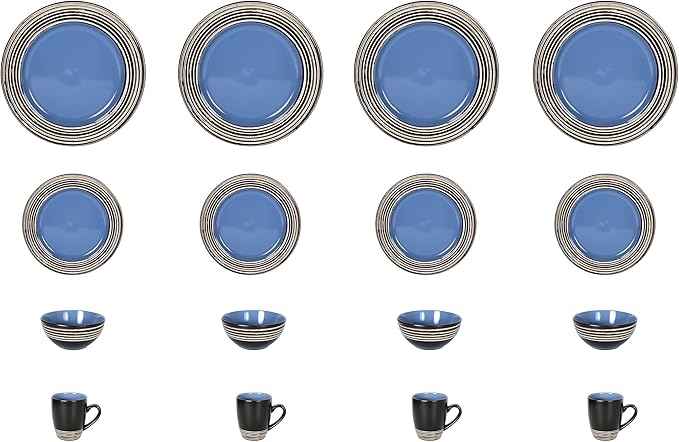 16 Piece Dinnerware Set, Ceramic Plates and Bowls Sets for 4, Microwave and Dishwasher Safe, Handcrafted Tree Bark Series Dish Set, Blue