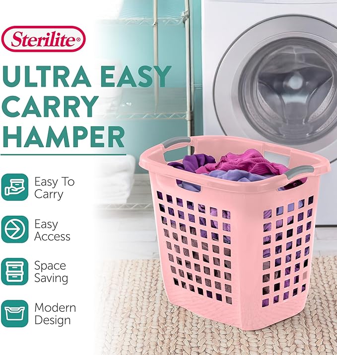 Sterilite 4-Pack Ultra Easy Carry Laundry Basket, Plastic Clothes Hamper Bin w/Comfort Grip Handles & Rim, 2.1 Bushel Capacity, Pink Frost
