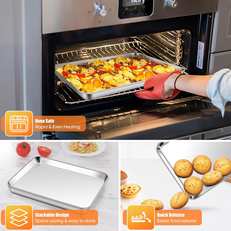 Homikit 2 Pack Baking Sheet, 9 x 13 Inches Stainless Steel Quarter Sheet Pan Set for Baking Cooking Toasting, Metal Cookie Tray Fits Toaster Oven, Non Stick & Rust Free, Dishwasher Safe