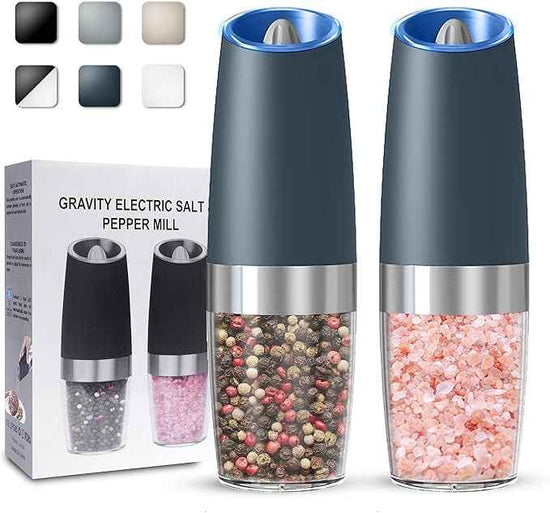 Gravity Electric Salt and Pepper Grinder set of 2, Automatic Salt And Pepper Grinder Set, Adjustable Roughness, Battery Powered, LED Light, 2 Pack, (Grey)