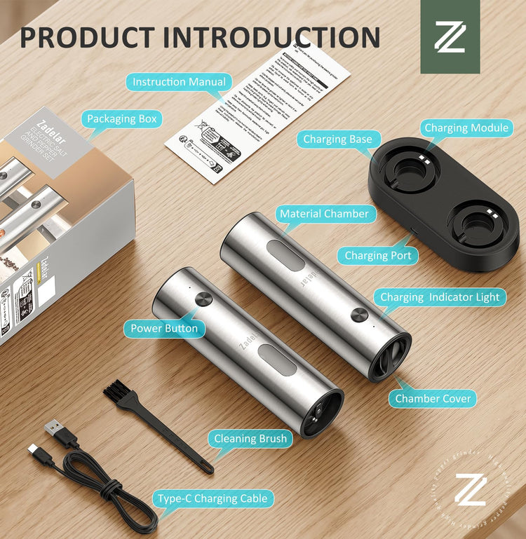 Rechargeable Electric Salt and Pepper Grinder Set with USB (3.72 Ounce)