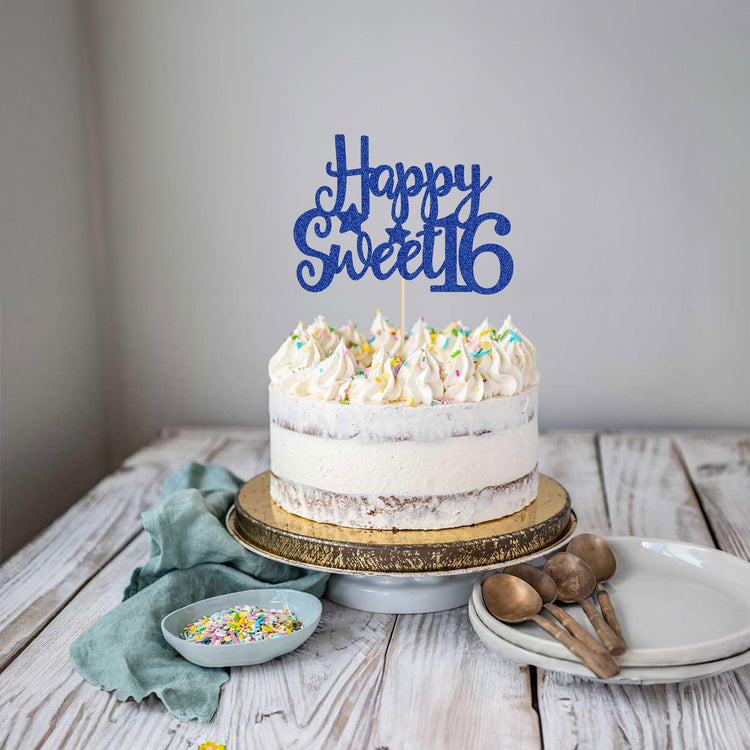 1Pc Happy Sweet 16 Cake Topper Blue Glitter Sweet 16 Birthday Cake Decoration Happy 16th Birthday Decorations for Girls Boys Party Supplies