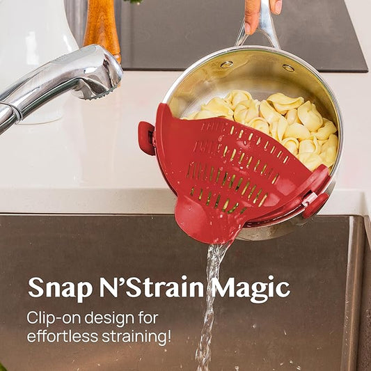 Kitchen Gizmo Snap N Strain Silicone Pot Strainer - Adjustable Clip-On Pasta Strainer for Pots, Pans, and Bowls - Large Red Kitchen Colander