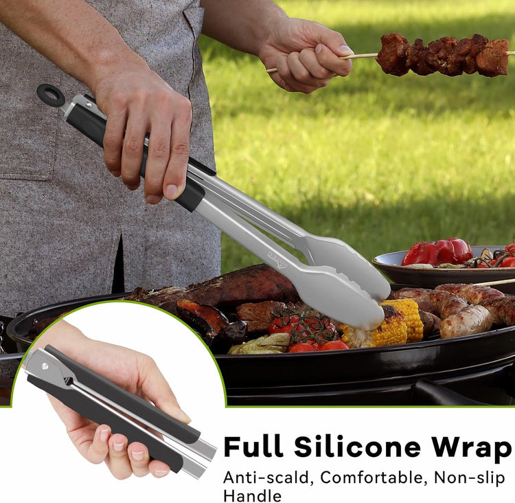Hotec Stainless Steel Kitchen Tongs Grill Tongs Set of 2-9" and 12", Barbecue Tongs Locking Metal BBQ Kitchen Food Tongs for Cooking Non-Slip Grip