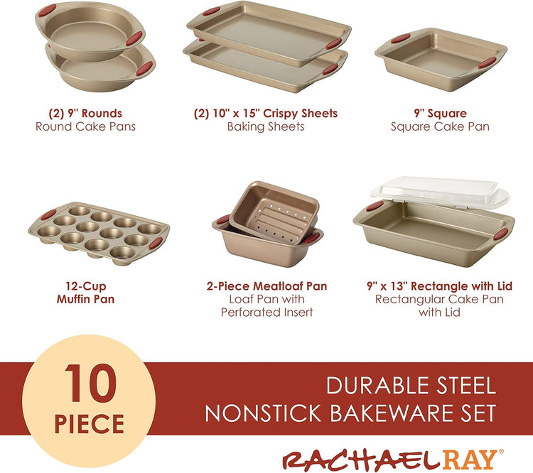 Rachael Ray Cucina and Yum-o! Nonstick Bakeware Set with Cookie Sheets, Cake Pans, and More, 11 Pieces