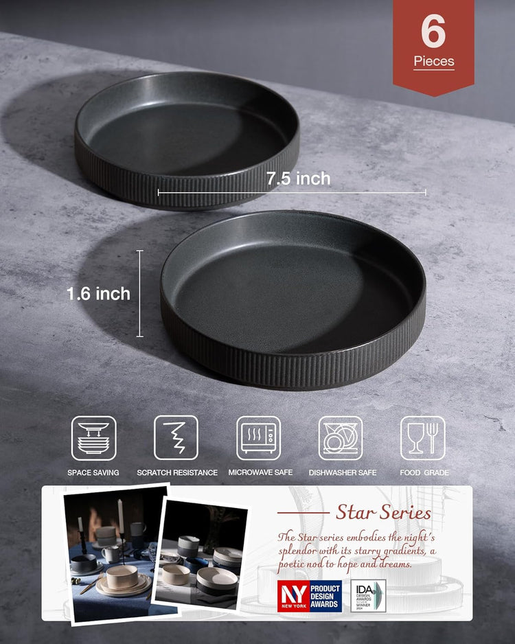 famiware Star 7.5" Pasta Bowls Set, Salad Bowl Set of 6, Double Reactive Glaze, Stackable, Perfect for Your Friend for Housewarming, Thanksgiving, Christmas, Matte Dark Charcoal (Full Glaze)