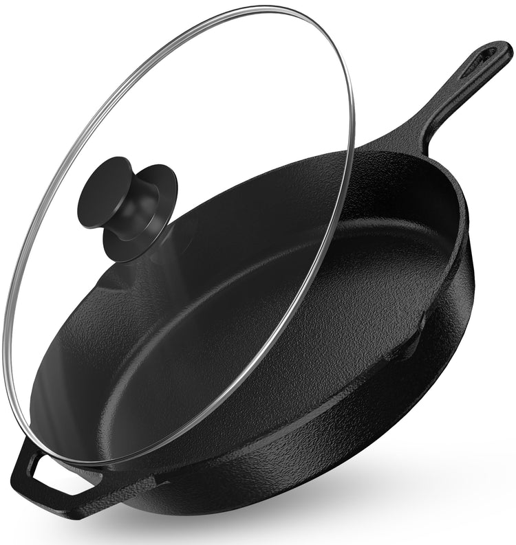 Cast Iron Skillet 12 Inch with Lid Chefs Frying Pan Black