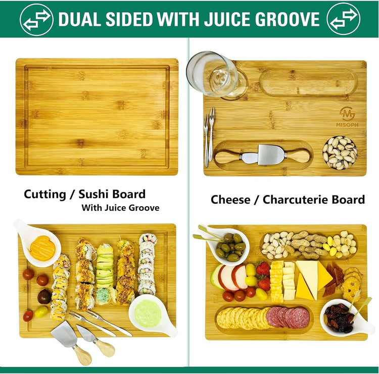 Bamboo Cheese Board with Knife, Bowl, Fork Set, Wood Charcuterie Platter & Food Serving Tray for Wine Glasses, Misoph Collection