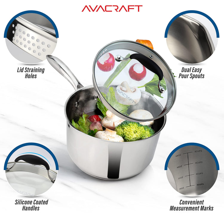 2.5 Quart Stainless Steel Saucepan with Glass Strainer Lid