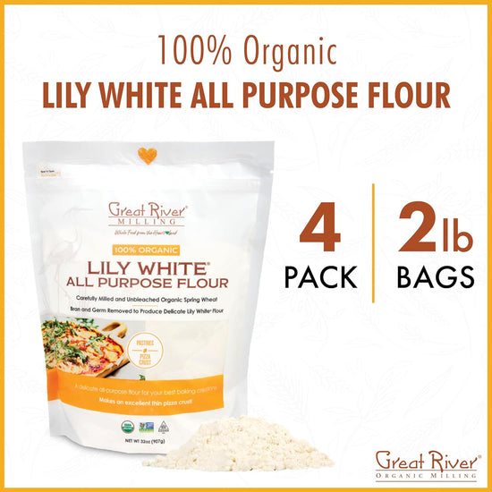 Great River Organic Milling Lily White Organic All-Purpose Flour | Unbleached & Unbromated | Non-GMO, Kosher | Ideal for Bread, Cookies, Cakes, Pizza Dough & Everyday Baking | 2 Lb (Pack of 4) - Nestoria