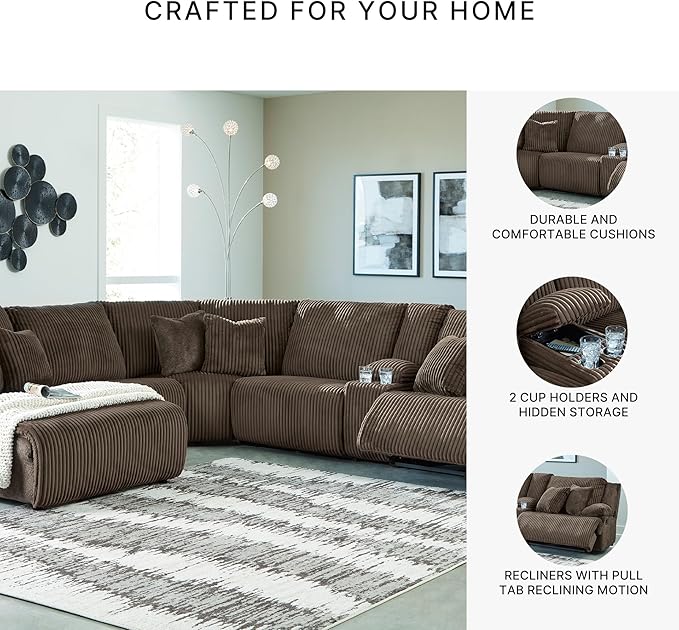 Signature Design by Ashley Top Tier Modern Right-Arm Facing 6-Piece Reclining Sectional with Chaise, Armrest, Throw Pillows and Storage, Dark Brown