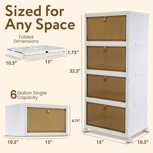 Quik Box Sport 4-Tier Stackable Storage Organizer - 24 Gallon Capacity Collapsible Bins with Magnetic Doors, Space-Saving Vertical Storage for Bedroom, Closet, Dorm Organization
