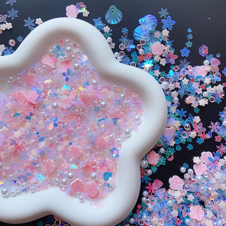 Sequins Holographic Polymer Clay Slices Nail Glitter 3D Holographic Snowflake Shell Butterfly Plum Blossom Nail Sequins Slices Polymer Clay Nail Decals for DIY Nail Decoration