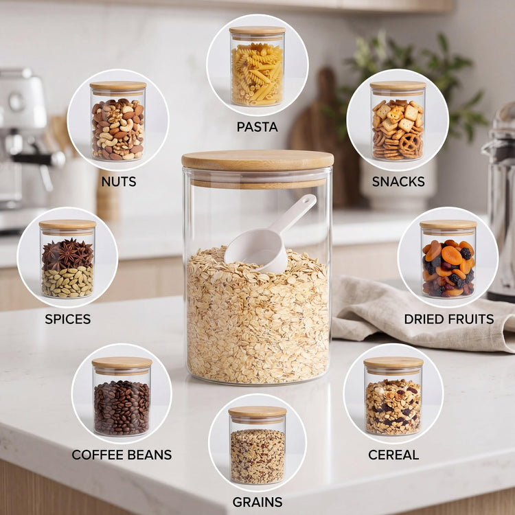 Glass Storage Jars Set Elegant Containers with Airtight Bamboo Lids
