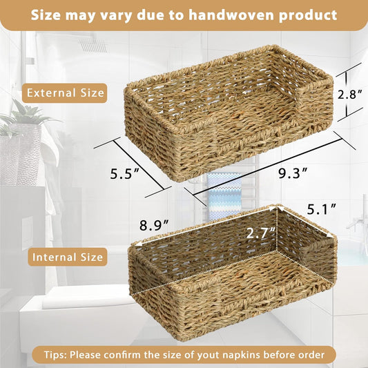 Bathroom Disposable Guest Towel Napkin Holder Long Seagrass Woven Rattan Wicker Table Dinner Paper Hand Guest Towel Napkin Basket Tray Caddy for Kitchen