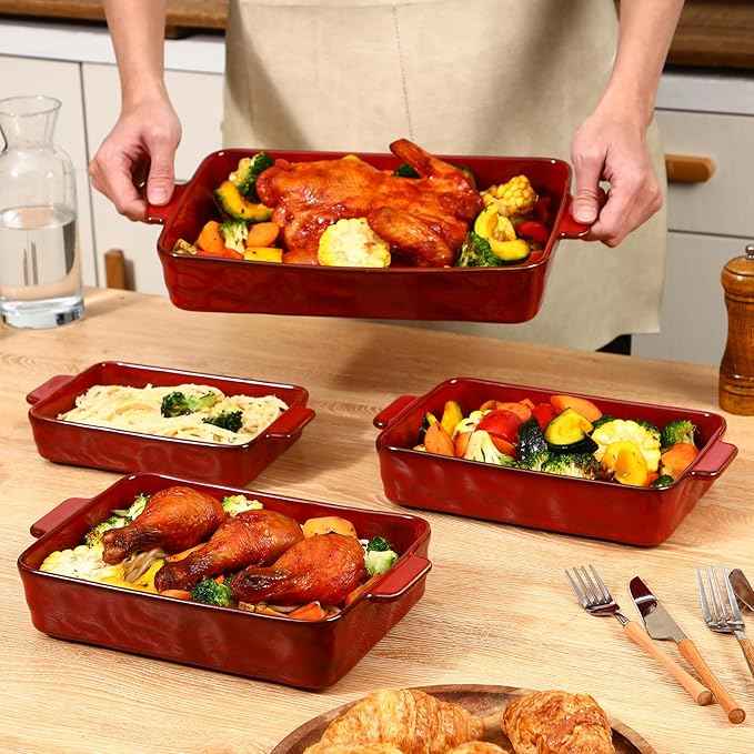 VICRAYS Ceramic Bakeware Set, Porcelain Rectangular Lasagna Pans Casserole Dish Set for Baking, Cooking, Kitchen, Cake Dinner, Banquet and Daily Use, 4 PCS, Cherry Red(9.52"/11.06"/11.77"/14.56")