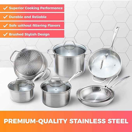 Mueller Pots and Pans Set 11-Piece, Ultra-Clad Pro Stainless Steel Cookware Set, Ergonomic and EverCool Stainless Steel Handle, Includes Saucepans, Skillets, Stockpot, Saute Pan, Steamer