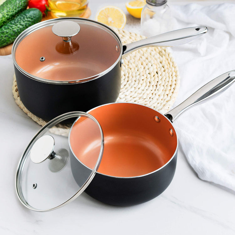 Nonstick 1Qt & 2Qt Copper Sauce Pan Set with Lid (2 Count)