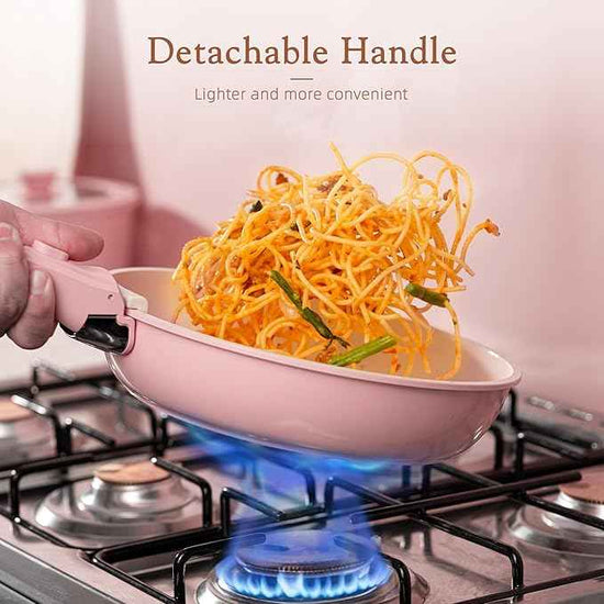 Astercook 21 Pcs Pots and Pans Non Stick Ceramic Cookware Set, Detachable Handles, RV Kitchen Cooking Set, Oven Safe, Induction Ready, Stackable, Pink