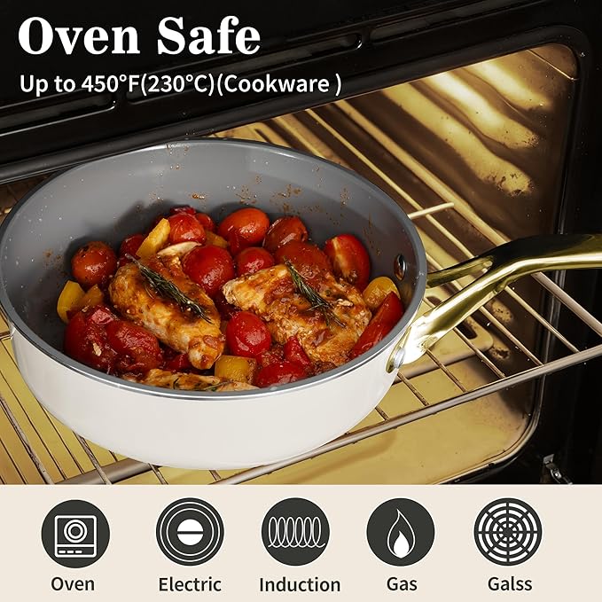 10-Inch Ceramic Non-Stick Cookware Set, 8-in-1 Multifunctional Cookware, Interior & Exterior Ceramic Coating, PFAS/PTFE/PFOA-Free, Compatible with All Stovetops， Oven-Safe up to 450°F