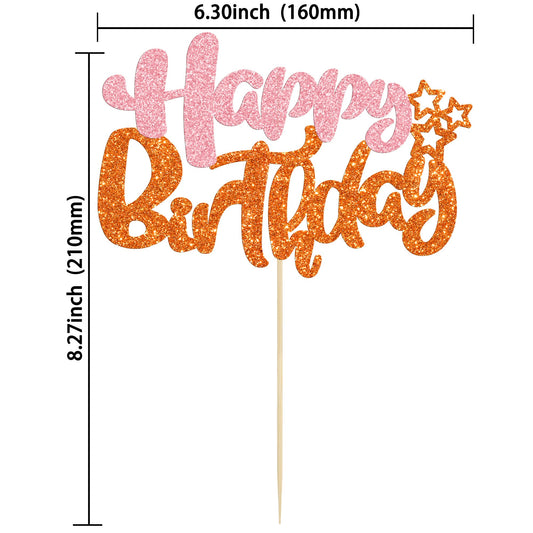1Pcs Happy Birthday Cake Topper Glitter Cake Pick for Celebrating Anniversary Party Cake Decorations Supplies Pink Orange