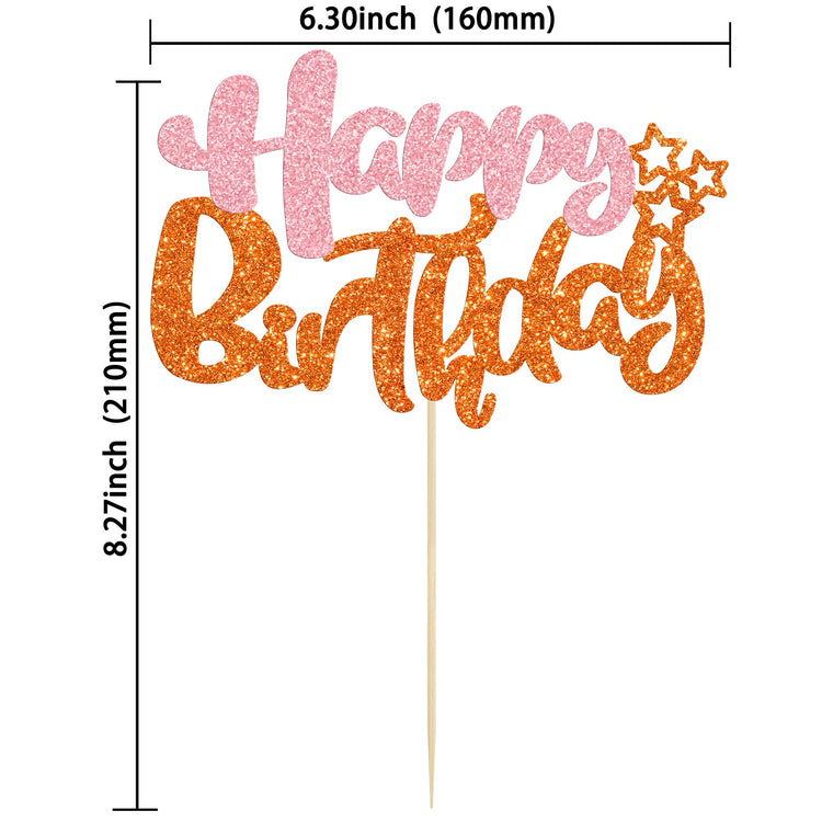 1Pcs Happy Birthday Cake Topper Glitter Cake Pick for Celebrating Anniversary Party Cake Decorations Supplies Pink Orange