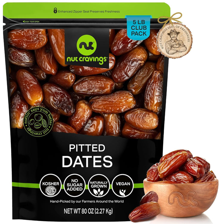 NUT CRAVINGS - Sun Dried Deglet Noor Dates Pitted, No Sugar Added (80oz, 5 Lbs) Bulk Dry Fruits Packed Fresh in Resealable Bag - Sweet Healthy Snack, Naturally Grown, Vegan, Kosher