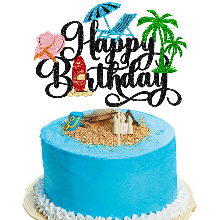 1Pcs Summer Beach Happy Birthday Cake Topper Glitter Ball Tree Umbrella Pool Cake Pick for Hawaiian Holiday Baby Shower Birthday Party Cake Decorations Supplies Black