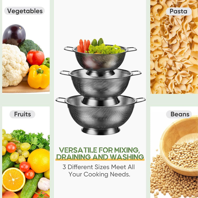 Bokon 3 Pcs Stainless Steel Colander Set Colander Bowl and Sieves 1/3/5 Quart Metal Mesh Strainer Net Basket with Handles Food Spaghetti Strainer for Kitchen Draining Pasta Rinsing(Black)