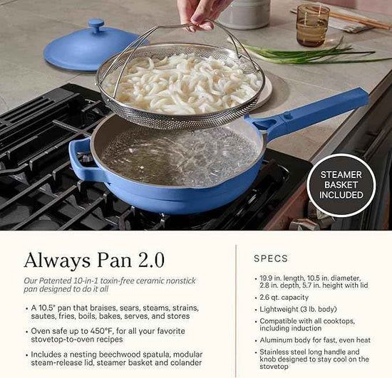 Our Place Cookware Duo | 7-Piece Ceramic Cookware Set with 10.5" Always Pan 2.0, 5.5 Qt Perfect Pot & Strainer Basket | Induction & Oven Safe up to 450°F | Nonstick, Non-Toxic | Forget-Me-Not Blue