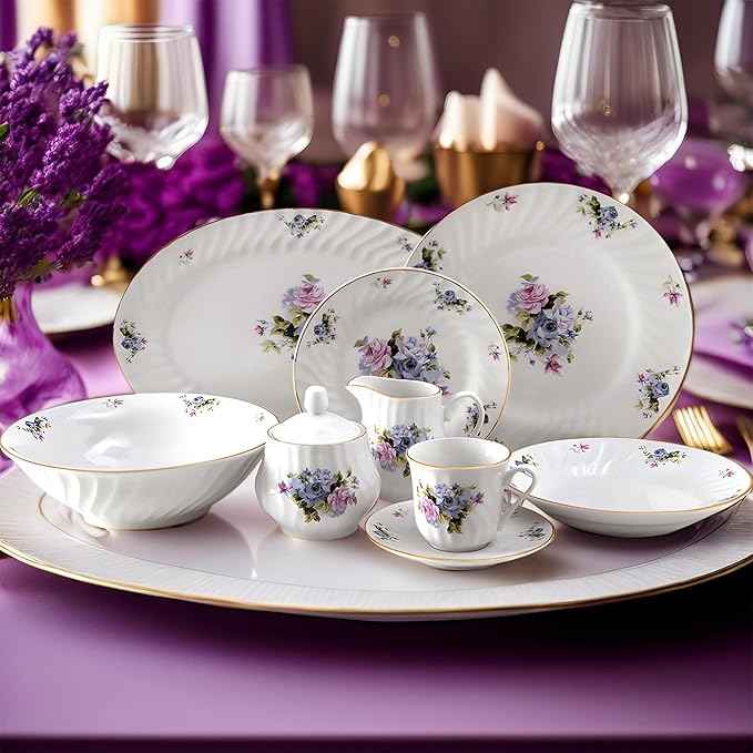 Lynns Paradise 45-Piece Serafina Dinnerware Set, 24K Gold Trim Embossed Swirl Floral Plates & Bowls Apartment Essentials Home Kitchen Dinner Accessories