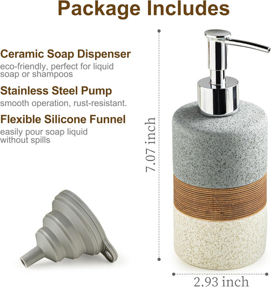 Ceramic Soap Dispenser Set for Hand Soap, Shampoo, Dish Soap, Conditioner, Bathroom & Kitchen, Stainless Steel Pump, Includes Silicone Funnel, 12 Oz, Non-Slip, Elegant Kitchen Decor, Gray