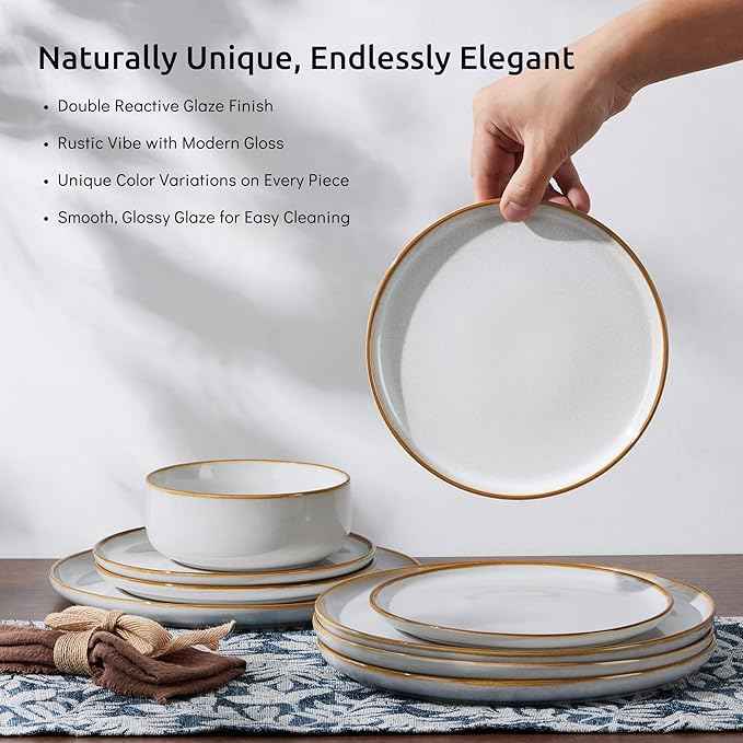E-far Plates and Bowls Set for 4, 12-Piece Stoneware Dinnerware Sets, Ceramic Dinning Ware Reactive Glaze Dishes Set, Microwave & Dishwasher Safe - Seashell White