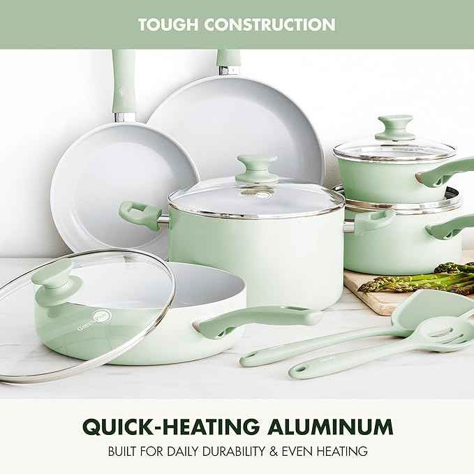 GreenPan Dover Healthy Ceramic Nonstick, 12 Piece Cookware Pots and Pans Set, PFAS-Free, Dishwasher Safe, Comfort Grip Handle, Pastel Green