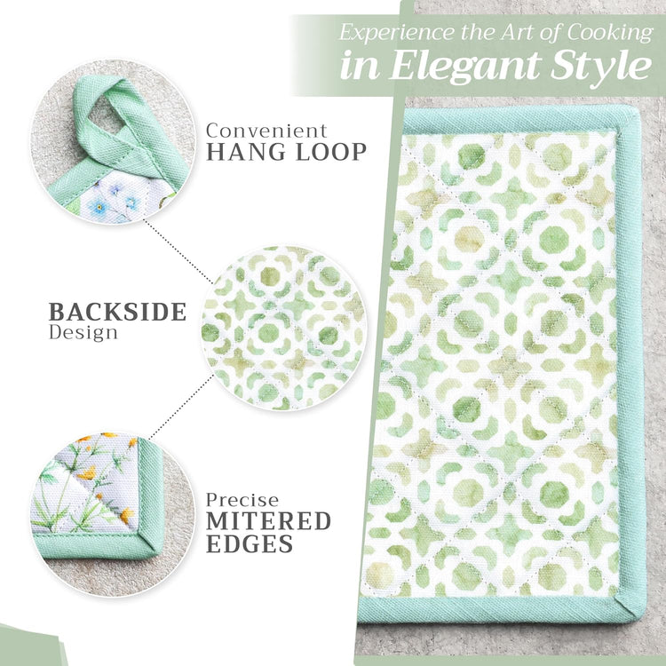 Maison d' Hermine 100% Cotton Oven Mitt & Pot Holder Set (7.5"x13" & 8"x8") Heat Resistant BBQ Cooking Gloves with Loop, Baking, Grilling, Kitchen, Handling Hot Pans Spring/Summer (Just Floral)