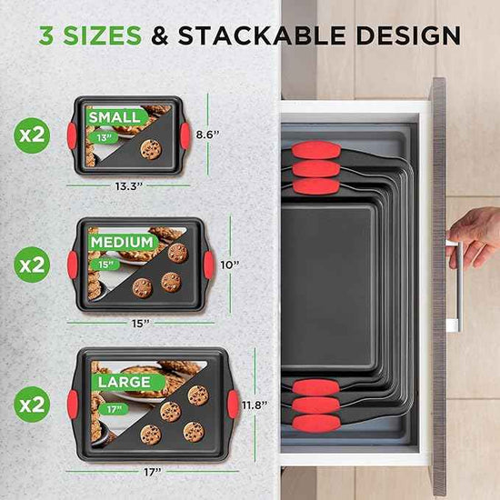 NutriChef Nonstick Baking Pans Set – Premium Cookie Sheets for Baking, Carbon Steel Stackable Baking Trays with Red Silicone Handles, Oven Safe Pans for Cookies, and Cakes, Dishwasher Safe (6 Pack)