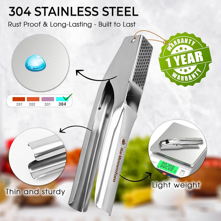 Garlic Press Stainless Steel - No Need to Peel Garlic Mincer & Crusher - 304 Inox, 7.34 Oz, Large Trough - Ergonomic Handle, Easy to Clean, Dishwasher Safe (2 Years Warranty) (Blue)