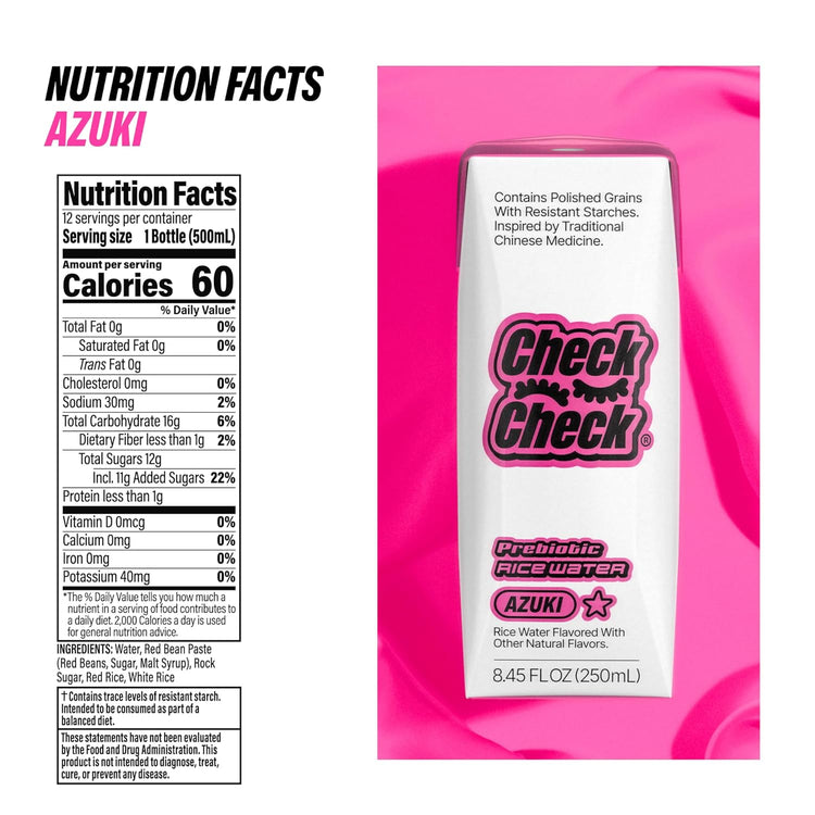 CheckCheck Prebiotic Rice Water, Dawn, Dusk, and Azuki, 12 Pack, 8.45 fl oz Bottles (12 Pack, Azuki)