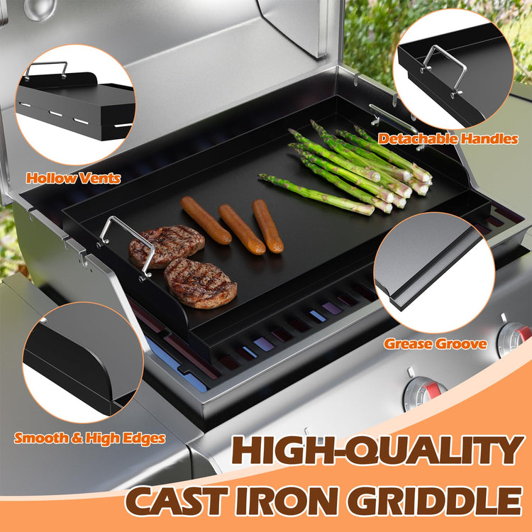 25" x 16" Cast Iron Flat Top Griddle for Gas Grill & Stove Top
