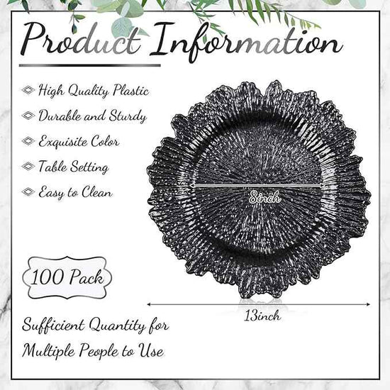 Tanlade 100 Pcs Reef Charger Plates Bulk 13 Inch Plastic Wedding Chargers Floral Decorative Plates with Metallic Ruffled Rim for Wedding Party, Holiday Event Supplies(Black)