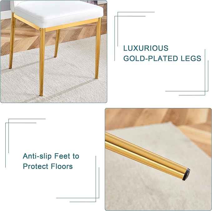 White Golden Dining Chairs Set - Modern PU Leather Armless Chairs with Metal Legs for Dinner Room, Office, Waiting Room (Set of 6)