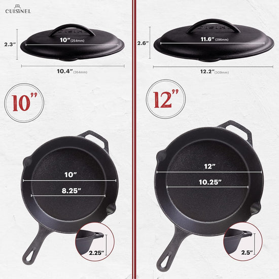 Cast Iron Skillet Set with Lids - 10"+12"-inch Pre-Seasoned Covered Frying Pan Set + Silicone Handle and Lid Holders + Scraper/Cleaner - Use Indoor/Outdoor, Oven, Stovetop, Fire, BBQ Kitchen Cookware - Nestoria
